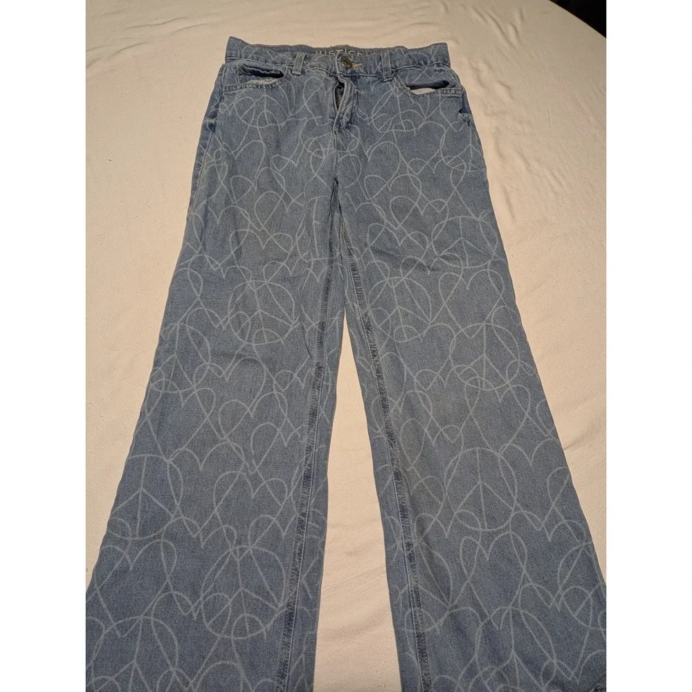 Justice Girls Blue Heart Peace Sign Print Wide Leg Denim Jeans Size 14